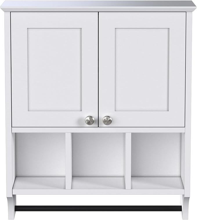 Bathroom Medicine Cabinet, Bathroom Cabinet Wall Mounted Over-The-Toilet with Towel Bar, 2 Doors & 3 Open Shelves, White