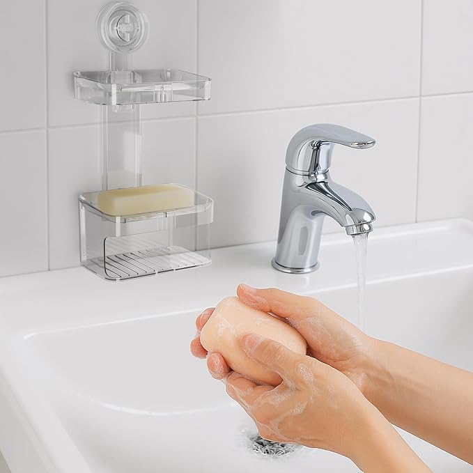 Suction Cup Soap Holder, Double Layer Soap Dish | 2 Tier No Drilling, Self Draining, Removable, Clear Acrylic Bar Soap Holder, Suitable for Bathroom and Kitchen