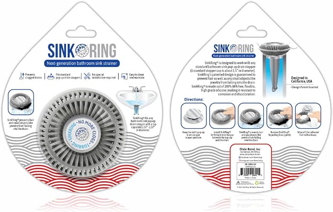 SinkRing Bathroom Sink Drain Protector & Strainer for Pop-Up Stoppers, Gray | Easy snap-in design. Precision clog-free trap prevents loss of earrings, jewelry or contacts. Fits 1.37" - 1.57" stoppers.