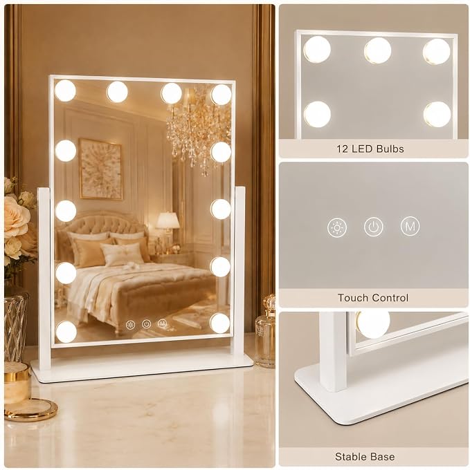 FENNIO Lighted Vanity Mirror, 13" x 16", 12 LED Bulbs, White | Vertical 12-light makeup mirror with 360° rotation, compact size, and a clean white vanity look.