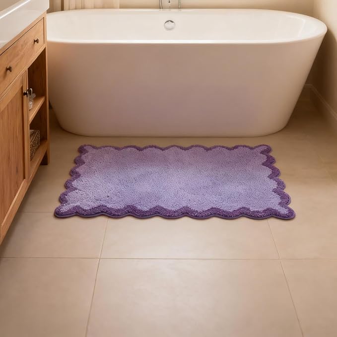 ORTIGIA Cute Purple Scalloped Bath Mat, Fun Plush Microfiber Scallop Bathroom Rugs Non Slip Washable Quick Dry Absorbent, Bath Rug Carpet for Shower Stall Vanities Kitchen Floor Entrance, 20x32