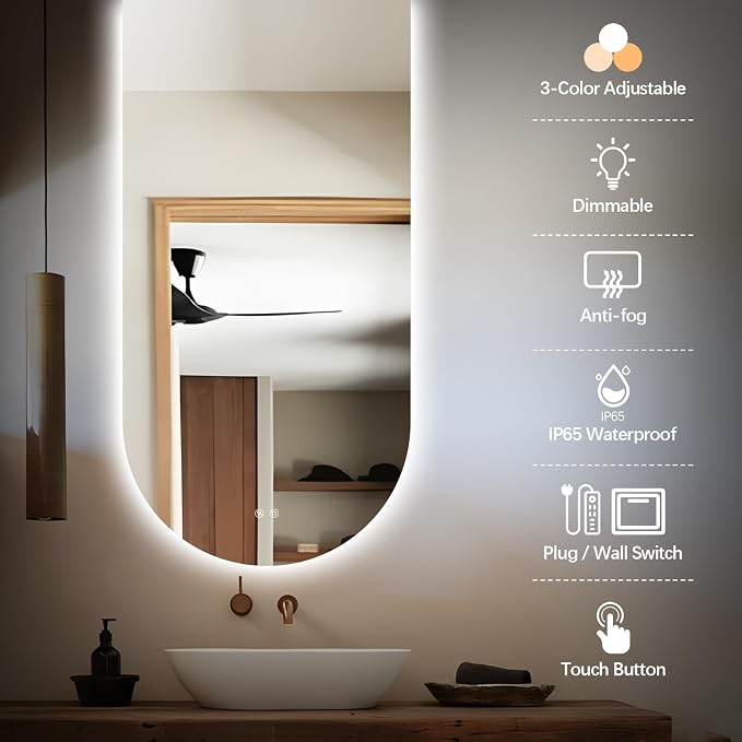 Arched LED Bathroom Mirror, 48"x24" Arch Framless Backlit Mirror with Lights Anti-Fog Dimmable Smart Frameless 3-Color Lighted Vanity Mirror Memory Waterproof, UL Listed, Vertical-Inverted