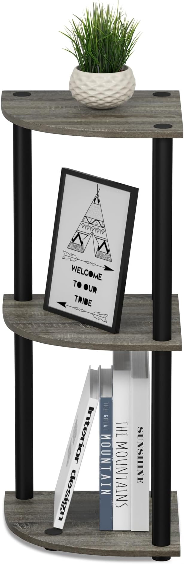 Furinno Turn-N-Tube Toolless Assembly 3-Tier Storage Shelves, French Oak | Grey Corner Shelf, Open Storage Book Shelf, for Organization and Storage, Living Room, Home Office, Bedroom