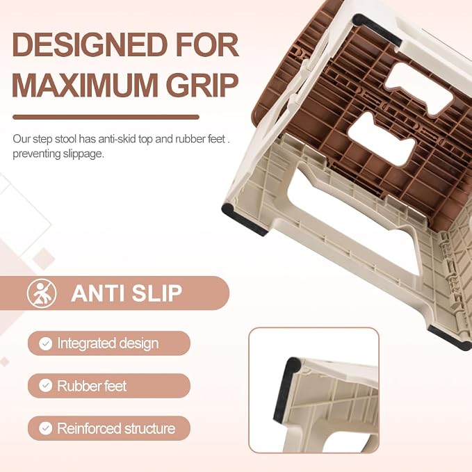 9'' Folding Step Stools for Kids & Adults, Hold Up to 300 Lbs Khaki | Portable Foldable Step Stool for Toddlers, Plastic Small Collapsible Stepping Stools with Handle for Kitchen Bathroom