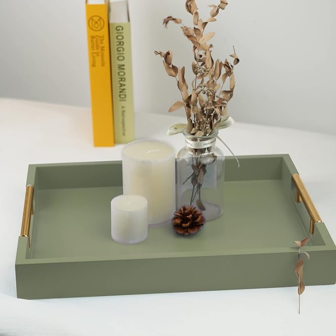Wooden Decorative Coffee Table Tray, 16" Serving With Handles, Matte Finish, Ottoman for Living Room, Perfume, Vanity Dresser Organizer (Olive Green)