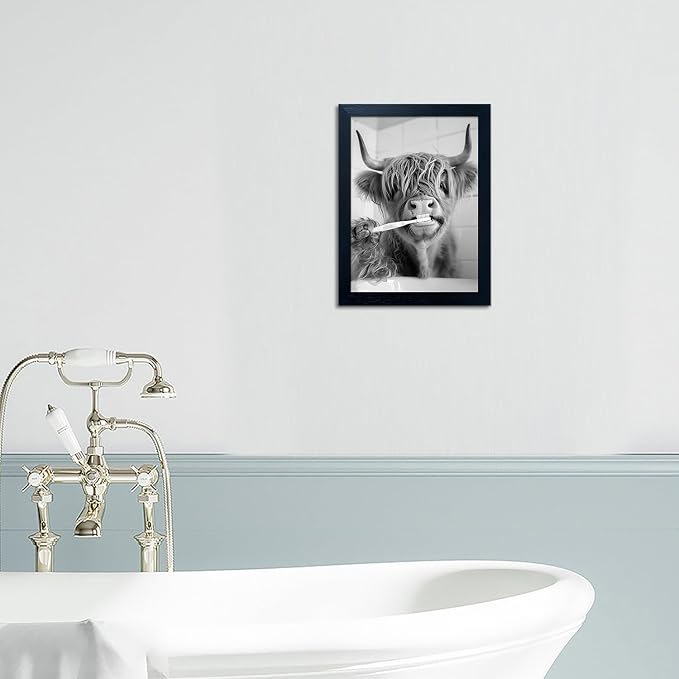 Framed Black and White Highland Cow Bathroom Decor, Funny Bathroom Wall Art, Cow Pictures in Toilet Decor, Animal Canvas Print Wall Art