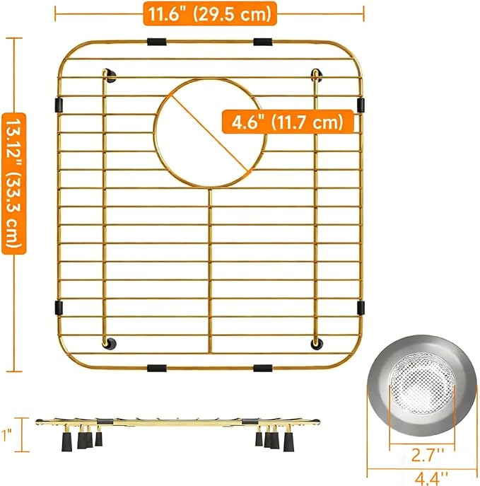 Slideep Sink Bottom Grid for Kitchen, Stainless Steel Sink Protector Metal Sink Grate with Rear Hole, 13"L x 11.6"W, Gold