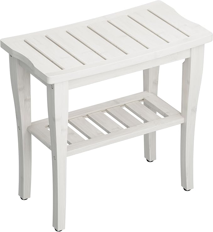 Bamboo Shower Bench Stool with Storage Shelf, Waterproof Shower Chair Spa Bath Seat, Shower Stool for Inside, Bathroom Bench Seat for Adults Elderly Seniors for Indoor or Outdoor Use(White)