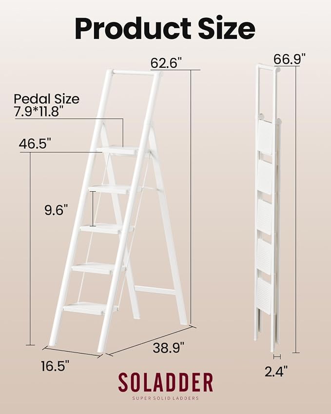 5 Step Ladder, Folding Step Stool, Lightweight Stepladder, White | Reach 10ft;Anti-Slip 7.9'' Wide Pedal;Portable Handrail;Space-Saving;For Kitchen, Home, Library, Office Use;300lbs Capacity