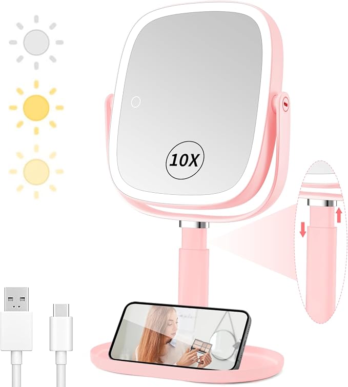 Vanmirr Height Adjustable Lighted Makeup Mirror with Magnification-Pink | 1x/10x Magnifying Mirror,8.5" Rechargeable Vanity Mirror with 3 Color Lights,360°Rotation 2-Sided Light up Desk Mirror