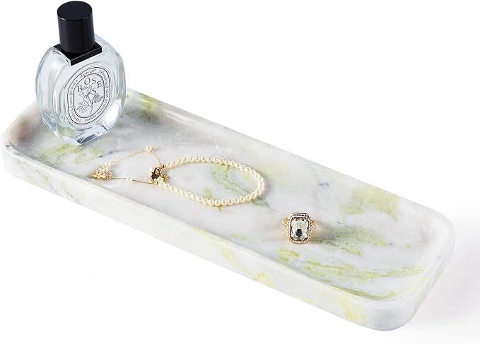 Marble Tray, 12"x4" Marble Vanity Tray for Bathroom Kitchen Countertop Sink, Natural Stone Tray for Home Decor, Decorative Rectangular Narrow Catchall Tray for Jewelry Perfume
