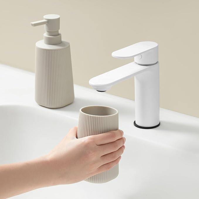 YAUKPH Bathroom Soap Dispenser and Toothbrush Holder Striped Beige | Bathroom Accessories Set 2 Piece for Bathroom Countertop Storage and Decor