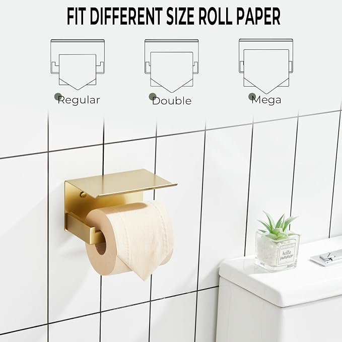 KOKOSIRI Toilet Paper Holder with Shelf Toilet Roll Holder for Bathroom Restroom T-304 Stainless Steel Wall Mounted, Gold Finish, B2010BG