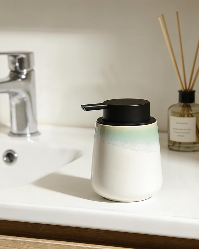 BosilunLife Ceramic Soap Dispenser - Dish Soap Dispenser for Bathroom 12Oz | Refillable Liquid Hand Wash Dispenser for Essential Oil, Lotion Soap, White with Blue-Green Rim