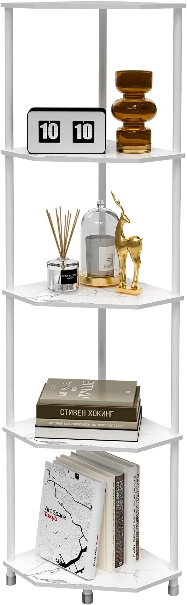 5 Tier Corner Shelf Stand, 50.2", Marble White | Metal Frame, Bathroom Kitchen Shelf Organizer Storage, Small Corner Shelf for Bedroom Living Room Decor Accessories