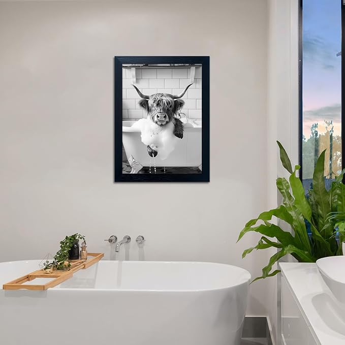 Black and White Bathroom Decor Framed Highland Cow Wall Art Funny Cow Pictures Canvas Print Bathroom Picture Artwork