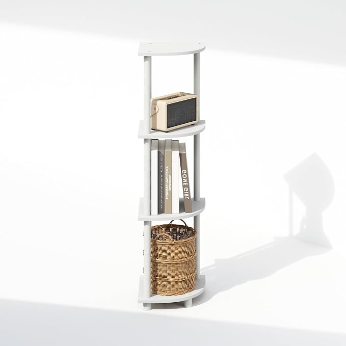 Furinno Turn-N-Tube Corner Shelf, 4-Tier Corner Bookshelf, White | Display Storage Shelves with Open Shelves, for Organization and Storage, Living Room, Home Office, Garage,