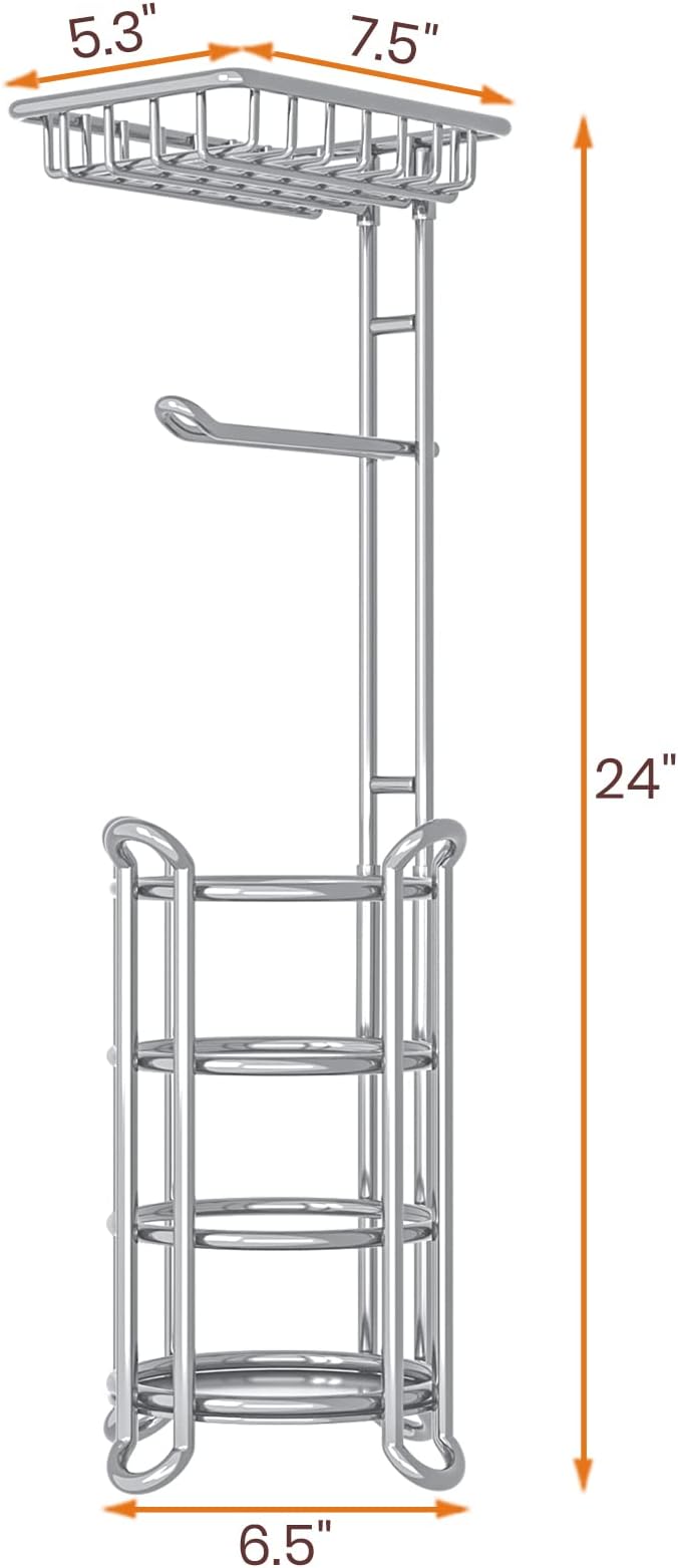 TreeLen Toilet Paper Holder Stand Toilet Tissue Roll Holder with Shelf for Bathroom Storage Holds Phone/ Wipe/ Mega Rolls-Shiny Chrome