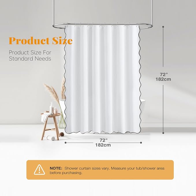 White Boho Scalloped Linen Textured Cloth Shower Curtain Set, 72x72 | 230GSM Waterproof Polyester, Heavy Duty Fabric, 12 Plastic Hooks, Modern Farmhouse Style, Machine Washable, Bathroom Decor