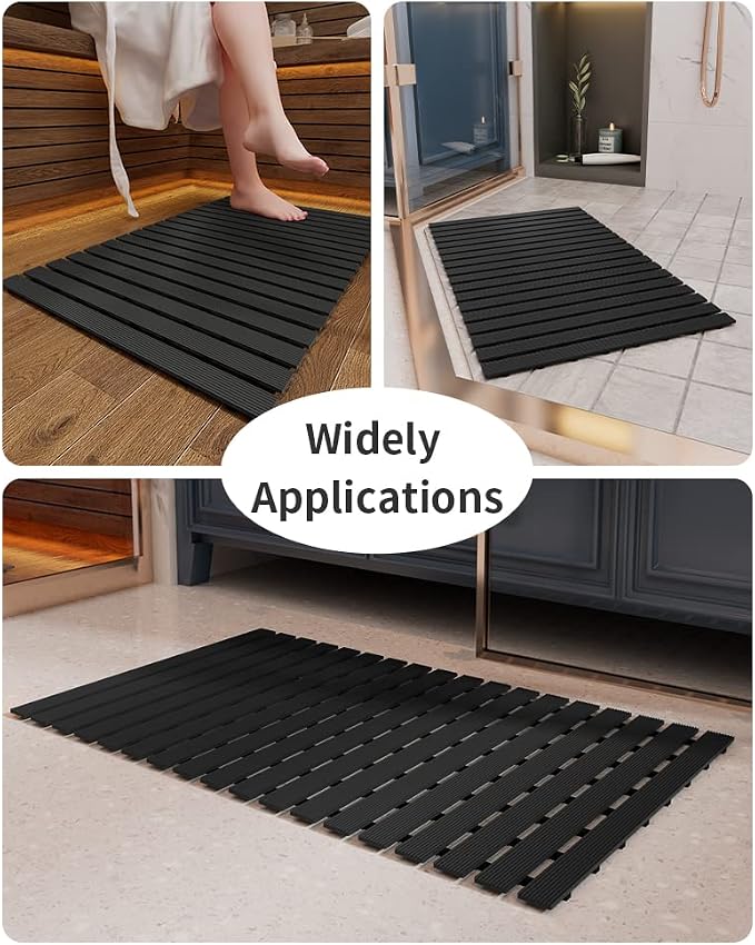 Shower-Mat Non Slip, PADOOR Heavy Duty Bathtub-Mat Curlable Quick Drain Sturdy Bath Tub Mat Without Suction Cups for Indoor Outdoor Use 17x26 Inch Black