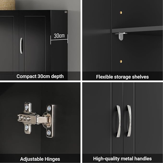 SoBuy Bathroom Wall Cabinet, Large 3-Door, 23.6 x 11.8 x 35.4 in, Black | 3-Door Wall Mount Storage Cabinet With Adjustable Shelf, Large Hidden Bathroom Cabinet For Multi-Room Use, FRG231-L-SCH