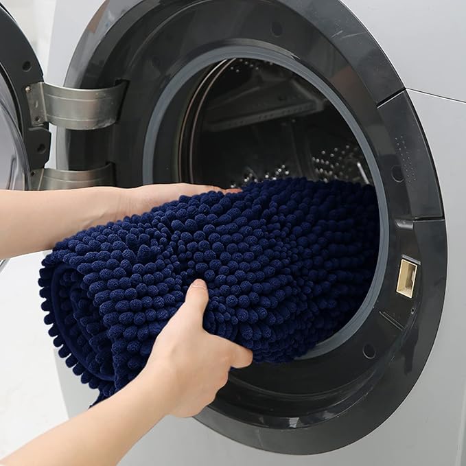 Extra Long Striped Navy Blue Bathroom Rug Mat 70"x24" Ultra Soft, Non Slip Chenille Bath Rugs, Absorbent Plush Shaggy Bath Mats for Bathroom, Bedroom, Kitchen, Shower, Tub