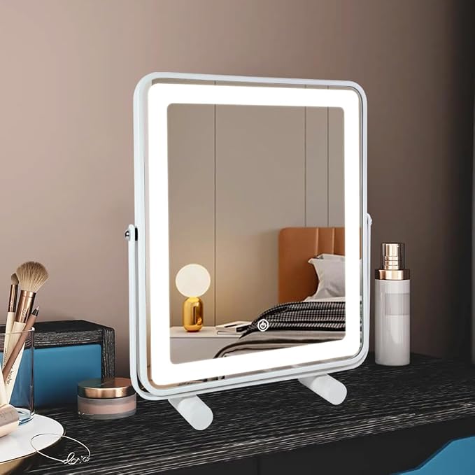 YEKKOPT Makeup Vanity Mirror with Lights,13" Large Hollywood LED Lighted Make up Mirror for Bedroom Tabletop,Three Color Lighting Modes,Smart Touch Control, 360°Rotation