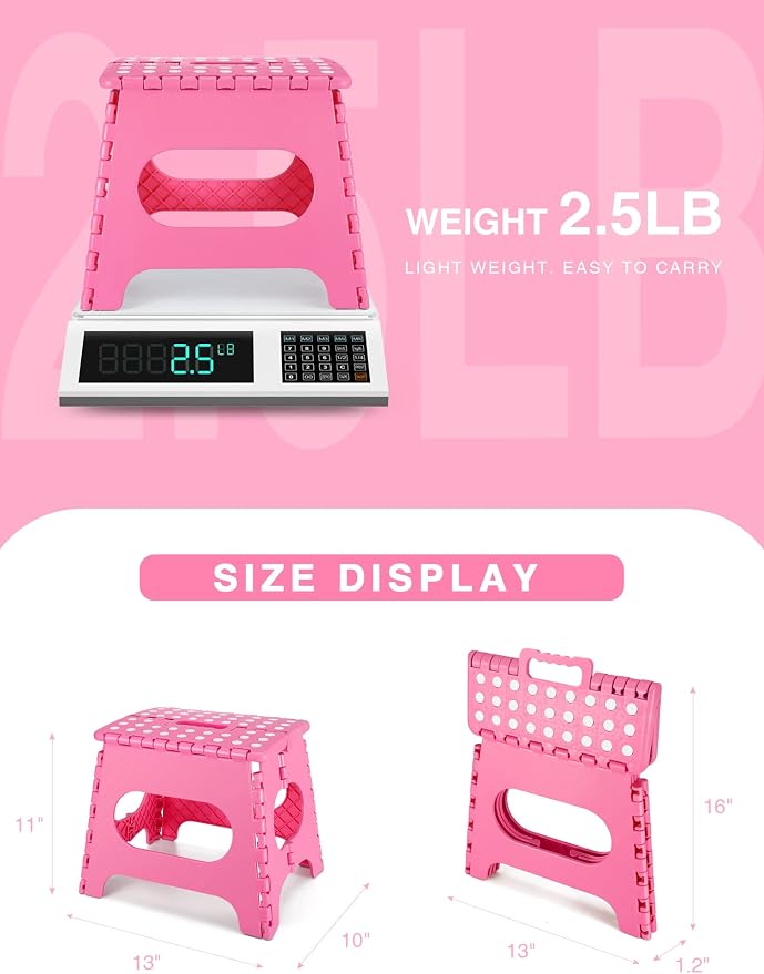 Dyforce Kids Step Stool 11 Inch, 300lbs Folding Step Stool for Adults | Toddler Step stool Pink,Anti-slip Heavy Duty with Carry Handle, Lightweight Foldable Stool for Bathroom Kitchen Bedroom