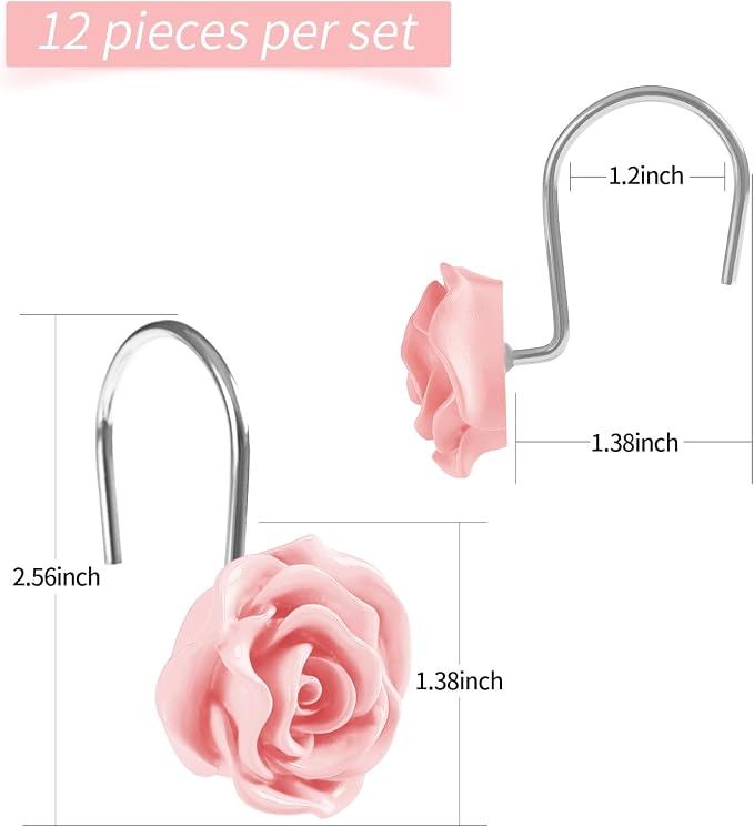 Cute Rose Floral Shower Curtain Hooks Rings for Bathroom,Pink 12PCS | Metal Rustproof Curtain Hooks Shower Rings,Girls Decorative Flower Bathroom Decor,for Bathroom Shower Rods