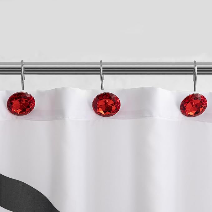 HBlife 12 Pcs Acrylic Decorative Rolling Diamond Shower Curtain Hooks Rust Proof Rhinestones Crystal Bling Shower Curtain Hooks for Curtain and Shower Rod, Red Round