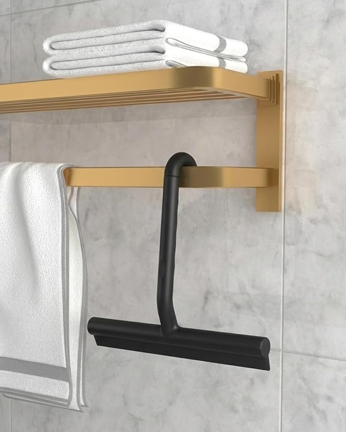 Silicone Shower Squeegee with Hook,Dual-Sided Design with Scraper & Scrub Surface, Shower Squeegee for Glass Doors (Classic Black)