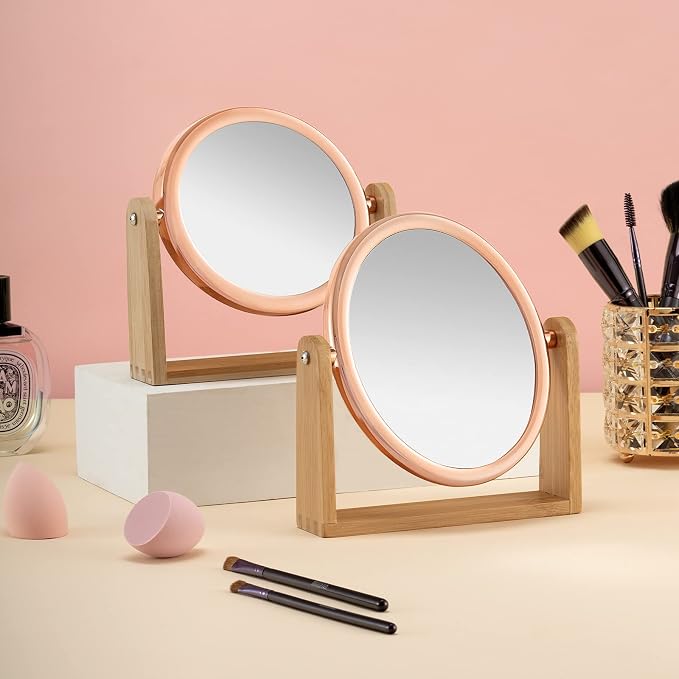 YEAKE Double Sided 10X Magnifying Makeup Mirror with Bamboo Stand,Small Desk Table Mirror with 360° Rotation,Standing Portable Cosmetic Mirror,Good for Shaving,Traveling(Rose Gold,Round)