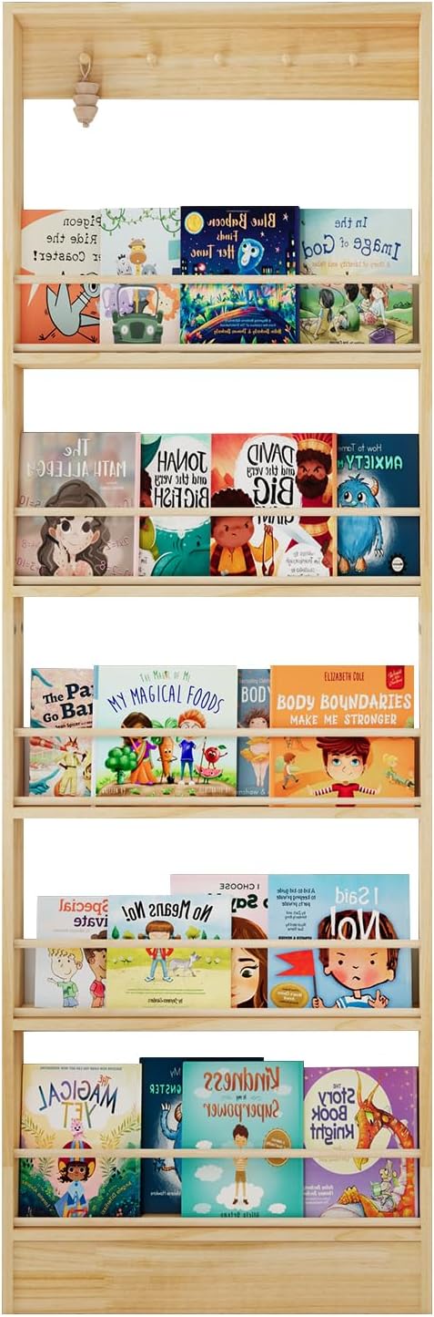 Wall Mounted Bookshelf, 5 Tier Floating Book Shelf with Hooks, Wooden Nursery Book Shelves for Wall, Space Saving Wall Organizer with Anti Tip Design for Bedroom, Living Room, Playroom