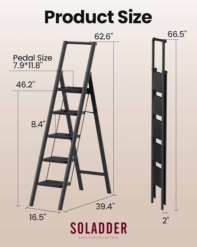 5 Step Ladder, Folding Step Stool, Lightweight Stepladder, Black | Reach 10ft;Anti-Slip 7.9'' Wide Pedal;Portable Handrail;Space-Saving;For Kitchen, Home, Library, Office Use;300lbs Capacity