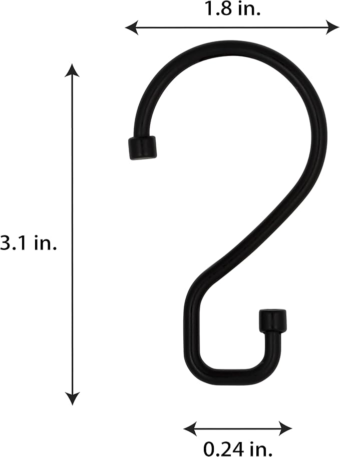 Bath Bliss 12 Pack S-Hook Shower Curtain Rings | Bathroom | Metal S Shaped Hooks | Easy Glide | Easy to Install | Hang Mugs, Pans, Towels | Matte Black