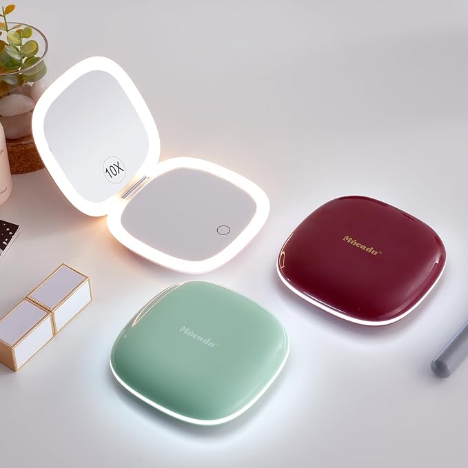 Mocado Compact Mirror with Light-4 Inches Compact 1x/10x Magnifying Mirror | Double Sides Lighted, 3 Colors Lighting, 0-100% Brightness, Diammable Touch, 1200mAh Rechargeable, For Pocket, Purse
