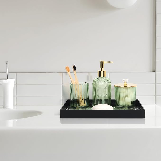 Designer Green Glass Bathroom Accessories Sets - 4 Pcs with Lotion Soap Dispenser, Bathroom Toothbrush Holder, Vanity Tray, and Apothecary Jar, Vintage Bathroom Decor