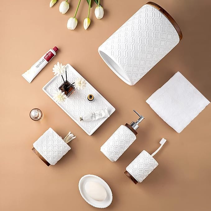 RQYIXI Ceramic 6-Piece Bathroom Accessories Set,White,with Trash Can | ceramic and wood embossed design with Trash Can modern countertop organization
