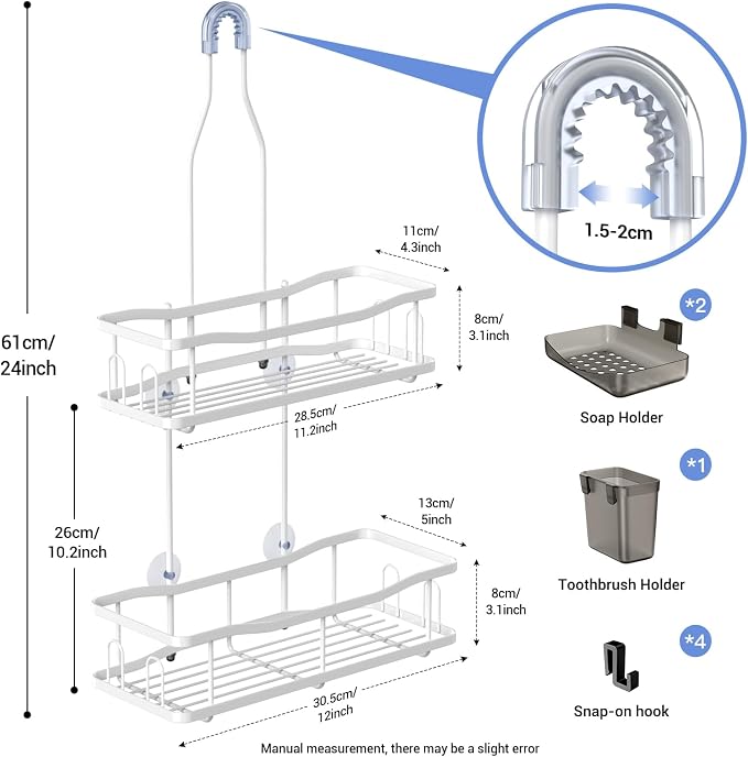 Hanging Shower Caddy Over Shower Head - No Drill Rustproof Shower Rack | Includes Soap Holder and Hooks for Shampoo, Conditioner, and Bathroom Essentials with Stable Storage in Any Shower Space