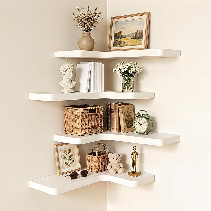 Floating Corner Shelves, Wall Shelf Set of 4, Shelves for Wall Storage, Solid Wood Shelves for Storage, Wall Mount Wooden Display Shelf for Bathroom Bedroom Kitchen Garage (White 4 Pcs)