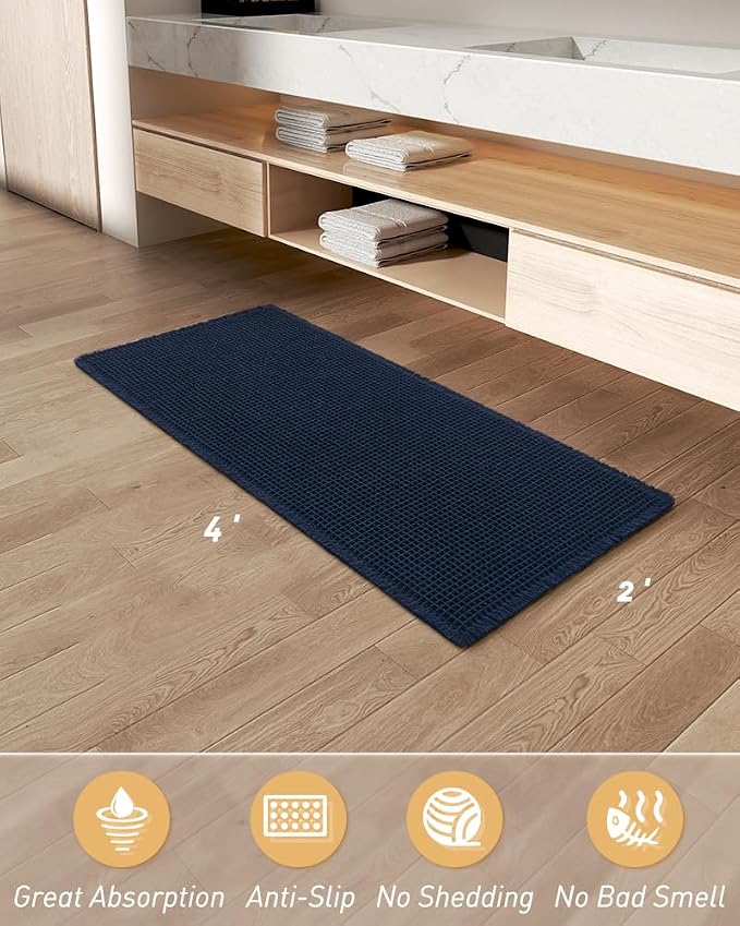 Upgraded Waffle Runner Rug Super Absorbent Non Slip Bath Mats for Bathroom, Washable Bathroom Runner Rug with Tassels, Ideal for Hallway Bedroom Laundry Room, Brown, 2'x 4'(24" x 48"), Navy Blue