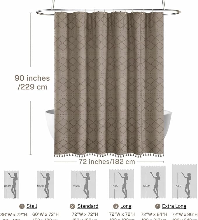 Siiluminisoy Extra Long Boho Shower Curtain with Tassels 72 x 90, Khaki
