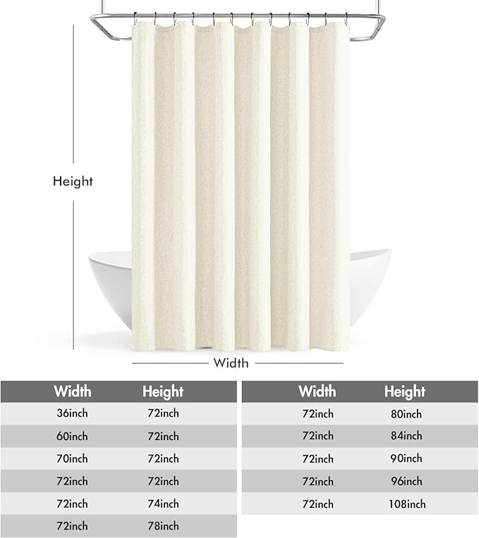 ANRODUO Ivory Extra Long Linen Fabric Shower Curtain Set - W72xL108 | Farmhouse Shower Curtain with 12 Metal Hooks, Waterproof Heavy Duty, Button Hole Design, Machine Washable for Bathroom