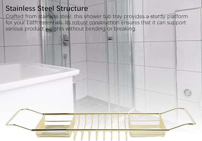 POCREATION Stainless Steel Expandable Bathtub Caddy, 25-38.4 in, 3 PCS | Adjustable length fits most tubs, gold finish tub tray for bathroom soaking shower