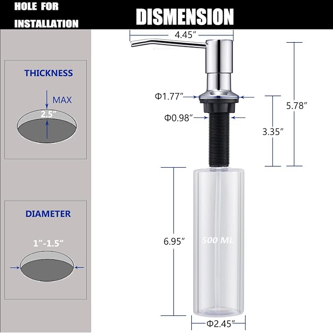 Soap Dispenser for Kitchen Sink, Wardock Built in Soap Dispenser Chrome | Stainless Steel Refill from The Top Polished Chrome Kitchen Sink Soap Dispensers with 17 OZ Soap Bottle