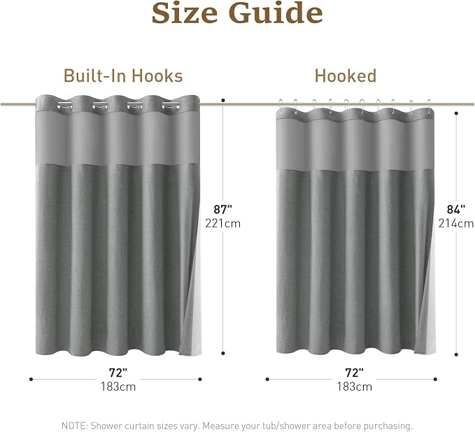 72x87 Ringless Linen Look Shower Curtain with Snap Liner Charcoal Grey | Extra Long Size, 3 in 1 Durable Fabric Shower Curtain, Removable Liner, Waterproof & Washable, Mesh Top Window, Easy Setup