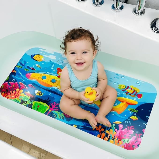 Bath Mats for Tub Kids,Baby Toddler - Large Cartoon Non-Slip Bathroom Bathtub Anti-Slip Shower Mats for Floor 35x15,Machine Washable XL Size Bathroom Mats (Submarine)