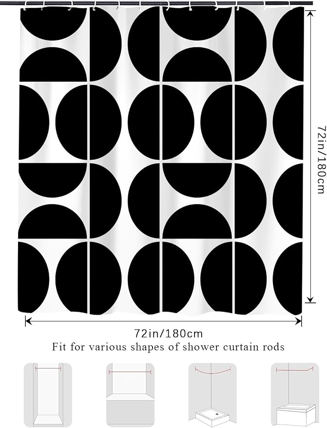 Black and White Mid Century Modern Shower Curtain, Boho Abstract Geometric Retro Art Bath Curtains For Bathroom, Colorful Unique Pattern Waterproof Polyester Fabric Bathroom Set 12 Hooks 60X72IN