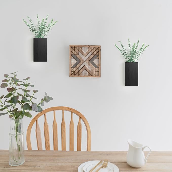 Dahey 2 PCS Wall Planter Vase with Fake Plants for Farmhouse Wall Art Decor | Lightweight Wood, Realistic Artificial Eucalyptus, Cute Hanging Decor for Bathroom Living Room Bedroom Entryway Office, Black