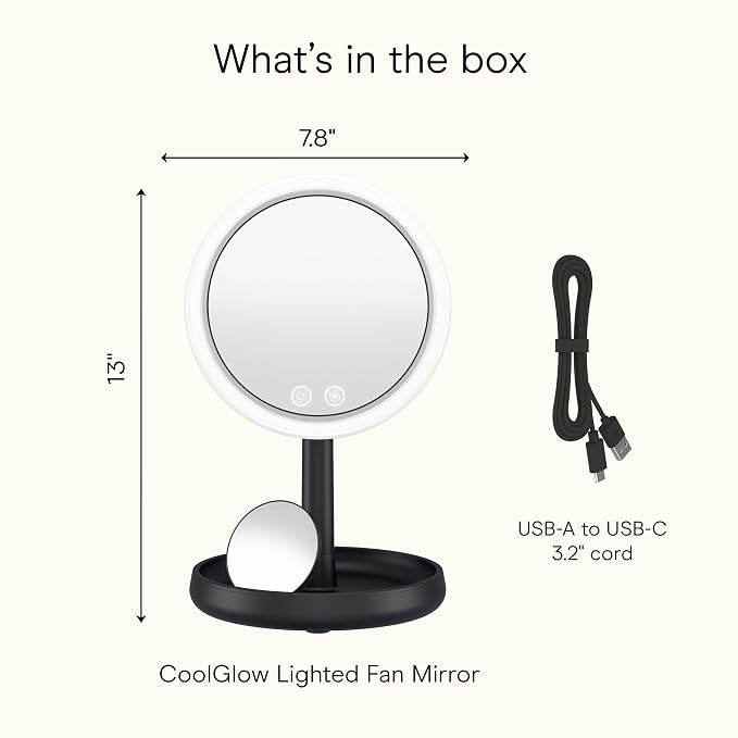 Conair CoolGlow Lighted Fan Mirror – Lighted Makeup Mirror with Magnification & Cooling Fan, 1x & 10x Magnifying Mirror with Light, 3 Brightness Levels, Makeup Mirror, 180° Tilt, USB C Corded, Black